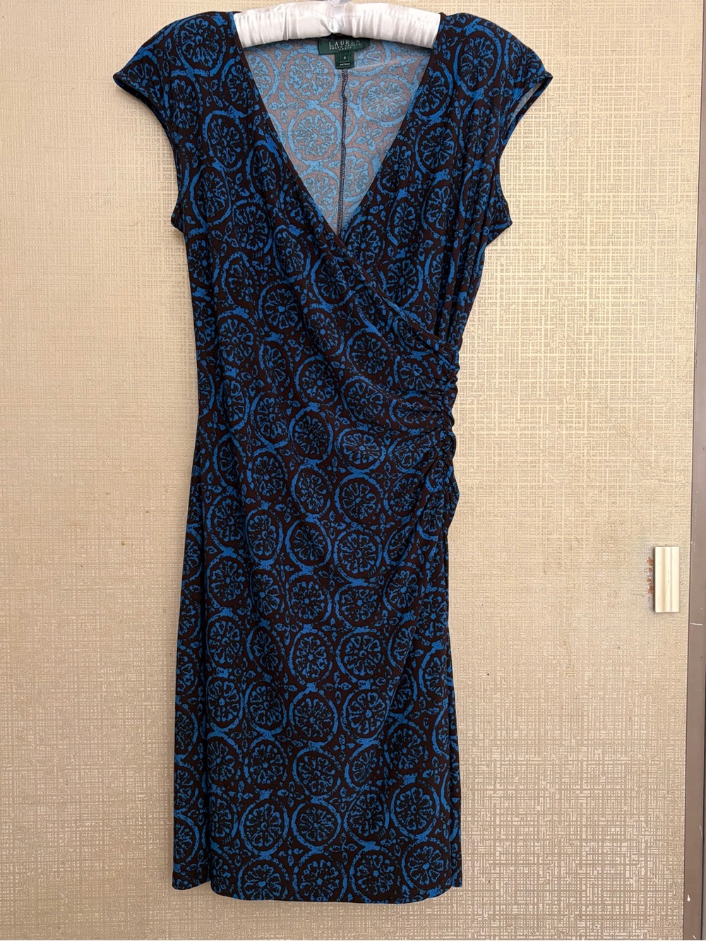 Lauren Ralph Lauren Blue and Brown Printed Faux-Wrap Midi Dress